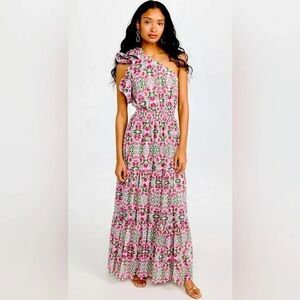 NWT Misa Illaria Maxi One Shoulder Maxi Dress Fuschia Ditsy Floral